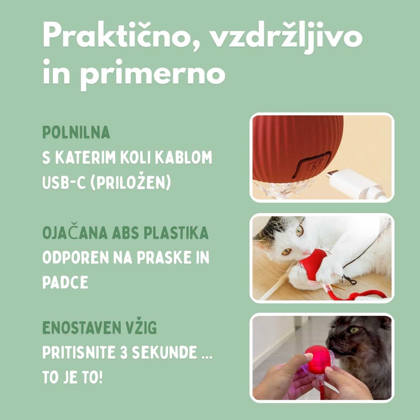 Pametna žogica za mačke, 100 % samostojna, zasnovana za posnemanje pravega plena.